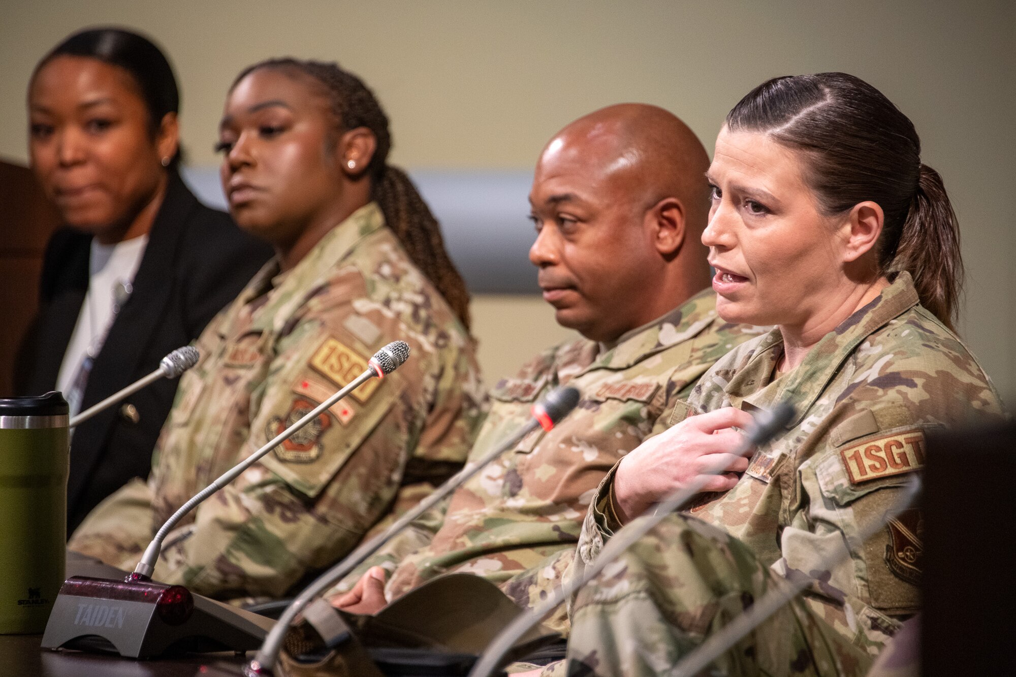 First sergeants speak during a panel at the First Sergeant Symposium at Joint Base Andrews