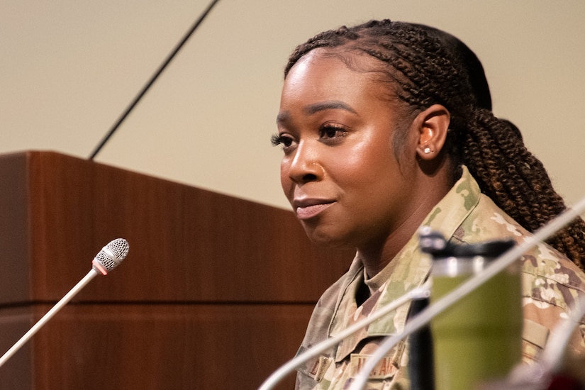 U.S. Air Force Master Sgt. Ashley R. Daniel, 1st Airlift Squadron first sergeant, speaks during a panel at the First Sergeant Symposium at Joint Base Andrews
