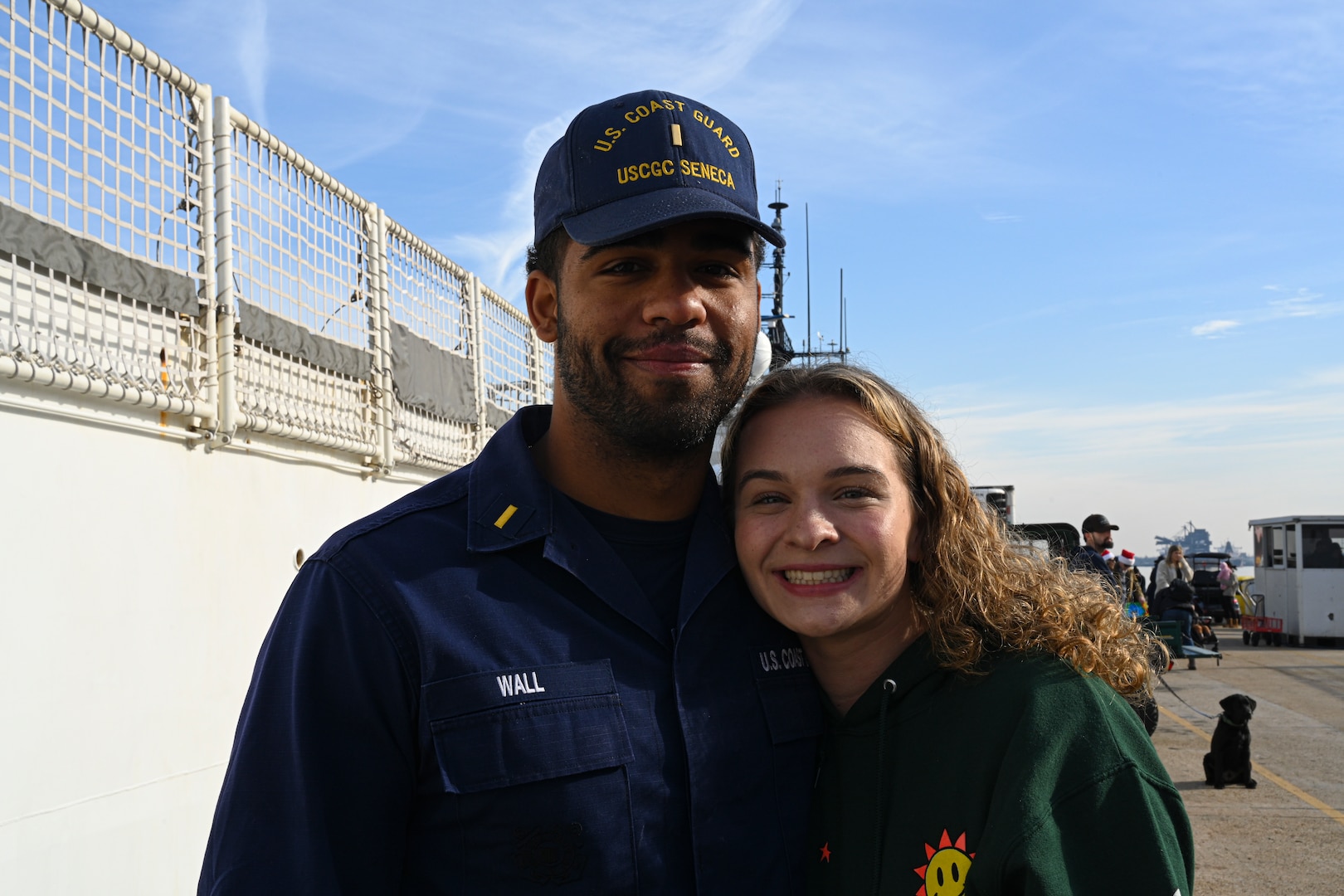 U.S. Coast Guard Ensign Tafari Wall, an officer assigned to U.S. Coast Guard Cutter Seneca (WMEC 906), poses for a photo at the cutter's return to homeport in Portsmouth, Virginia, Dec. 22, 2023, following a 65-day patrol in the Western Caribbean and Eastern Pacific Ocean. Patrolling in support of Joint Interagency Task Force-South, Seneca worked alongside other Coast Guard cutters, Department of Defense and Department of Homeland Security units, and international partners to conduct maritime safety and security missions.