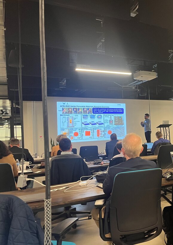 Dr. Tod Grusenmeyer, a research chemist in the Air Force Research Laboratory, or AFRL’s, Materials and Manufacturing Directorate, shares his research team’s plans to accelerate the transition of new materials from design to deployment in support of the nation’s warfighters over the next four years at the National Science Foundation’s Designing Materials to Revolutionize Our Future, or DMREF, and AFRL 2023 kickoff meeting at the Wright Brothers Institute in downtown Dayton, Ohio, Dec. 7, 2023. Grusenmeyer, who coordinated crucial event logistics ahead of the kickoff meeting in Dayton, currently serves on an AFRL team that is contributing to warfighting efforts via the NSF DMREF program “Data-Driven Prediction of Hybrid Organic-Inorganic Structures.” The research project team, which features academic contributors from the University of Colorado-Boulder, Duke University and New Mexico Highlands University, is working to develop and leverage a new automation capability to accelerate new material discovery. (U.S. Air Force photo)