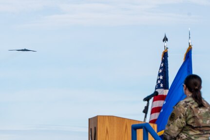 A U.S. Air Force B-2 Spirit stealth bomber assigned to the 509th Bomb Wing, performs a flyover to celebrate the 30th anniversary of its arrival at Whiteman Air Force Base, Mo., Dec. 15, 2023. The revolutionary blending of low-observable technologies with high aerodynamic efficiency and large payload gives the B-2 important advantages over existing bombers. (U.S. Air Force photo by Airman 1st Class Robert E. Hicks)