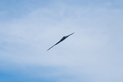 A U.S. Air Force B-2 Spirit stealth bomber assigned to the 509th Bomb Wing, performs a flyover to celebrate the 30th anniversary of its arrival at Whiteman Air Force Base, Mo., Dec. 15, 2023. The revolutionary blending of low-observable technologies with high aerodynamic efficiency and large payload gives the B-2 important advantages over existing bombers. (U.S. Air Force photo by Airman 1st Class Robert E. Hicks)