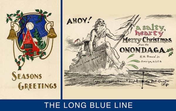 Two graphic images superimposed with one another. At the bottom it reads "The Long Blue Line." The image on the left is a house with bells and trees and says "Seasons Greetings." On the right, is a Large posiedon like charachter and it says "A salty, hearty, merry christmas. From the Onondaga."