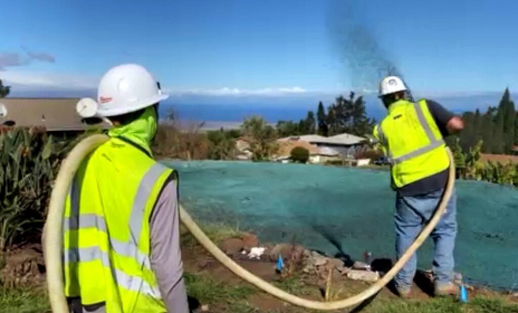 On the visit to Kula the group of local officials from Lahaina saw contractors applying final erosion control at a property in the process of being completed.