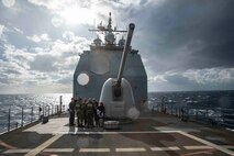 231125-N-LK647-1183 IONIAN SEA (Nov. 25, 2023) Sailors assigned to the Ticonderoga-class guided-missile cruiser USS Normandy (CG 60) conduct a Chemical, Biological, Radiological, Nuclear (CBRN) drill on the forecastle, Nov. 25, 2023. Normandy is part of the Gerald R. Ford Carrier Strike Group and is currently operating in the Mediterranean Sea, at the direction of the Secretary of Defense. The U.S. maintains forward-deployed, ready, and postured forces to deter aggression and support security and stability around the world. (U.S. Navy photo by Mass Communication Specialist 2nd Class Malachi Lakey)