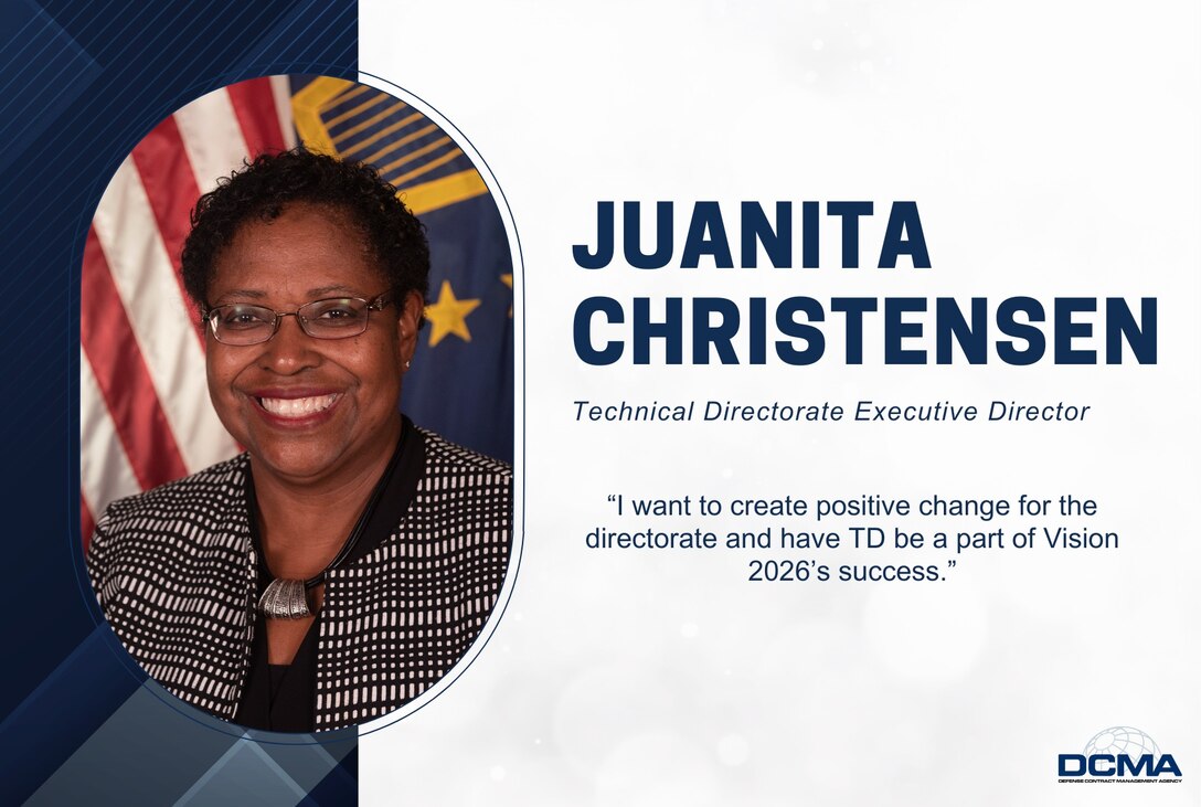 Portrait of smiling woman featured to the left of this graphic, which includes the text: Juanita Christensen Technical Directorate Executive Director “I want to create positive change for the directorate and have TD be a part of Vision 2026’s success.”