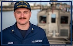 Coast Guard Petty Officer 2nd Class Chad Rollins, a machinery technician at Station Sabine, poses for a portrait at the pier after an award ceremony at the station in Sabine Pass, Texas, Dec. 13, 2023. Rollins received a Meritorious Service Medal for rescuing two men from a sinking tugboat on March 31, 2023. (U.S. Coast Guard photo by Petty Officer 1st Class Corinne Zilnicki)