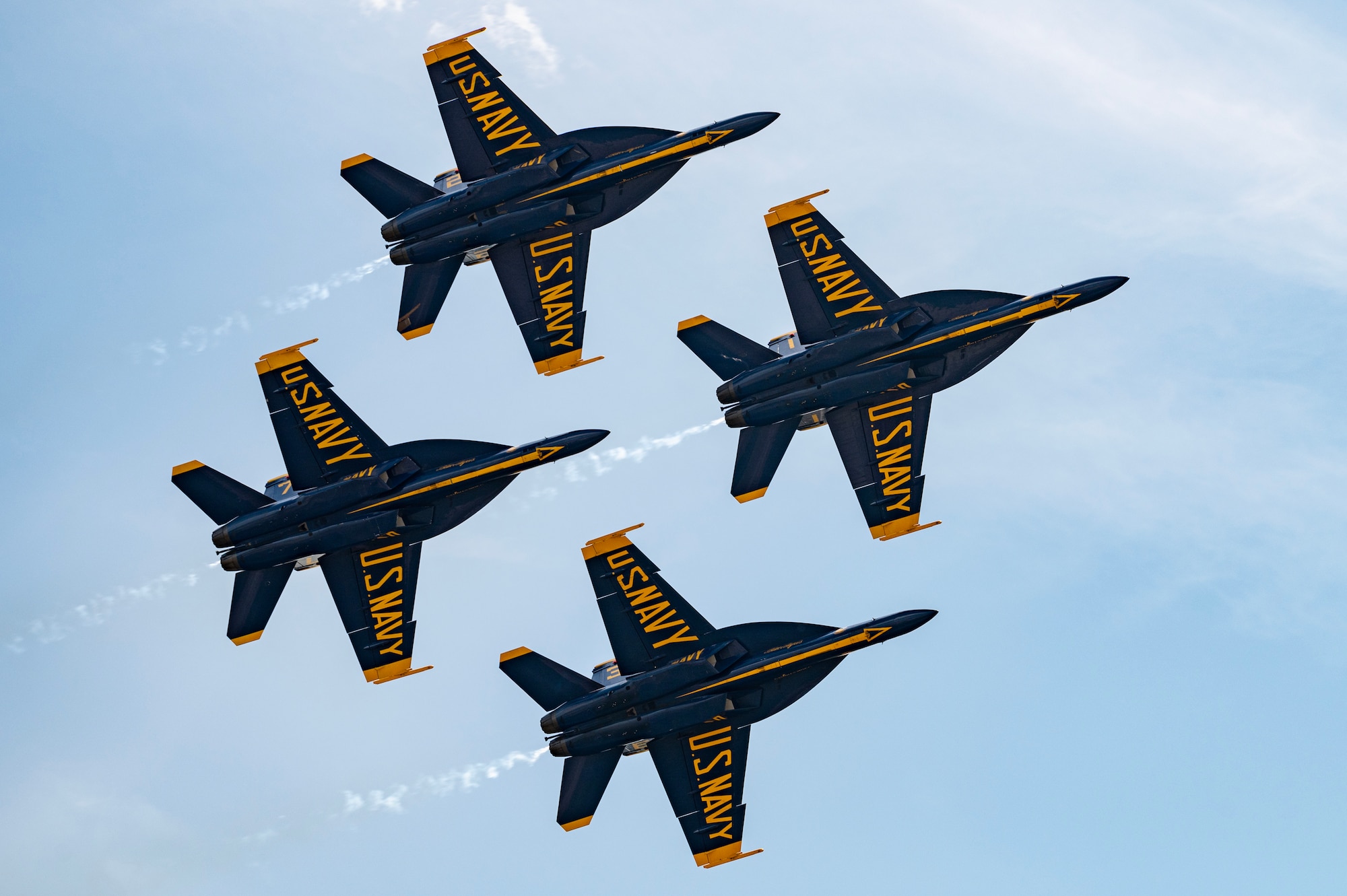 The U.S. Navy Blue Angels in formation during the Tinker Air Show at Tinker Air Force Base.