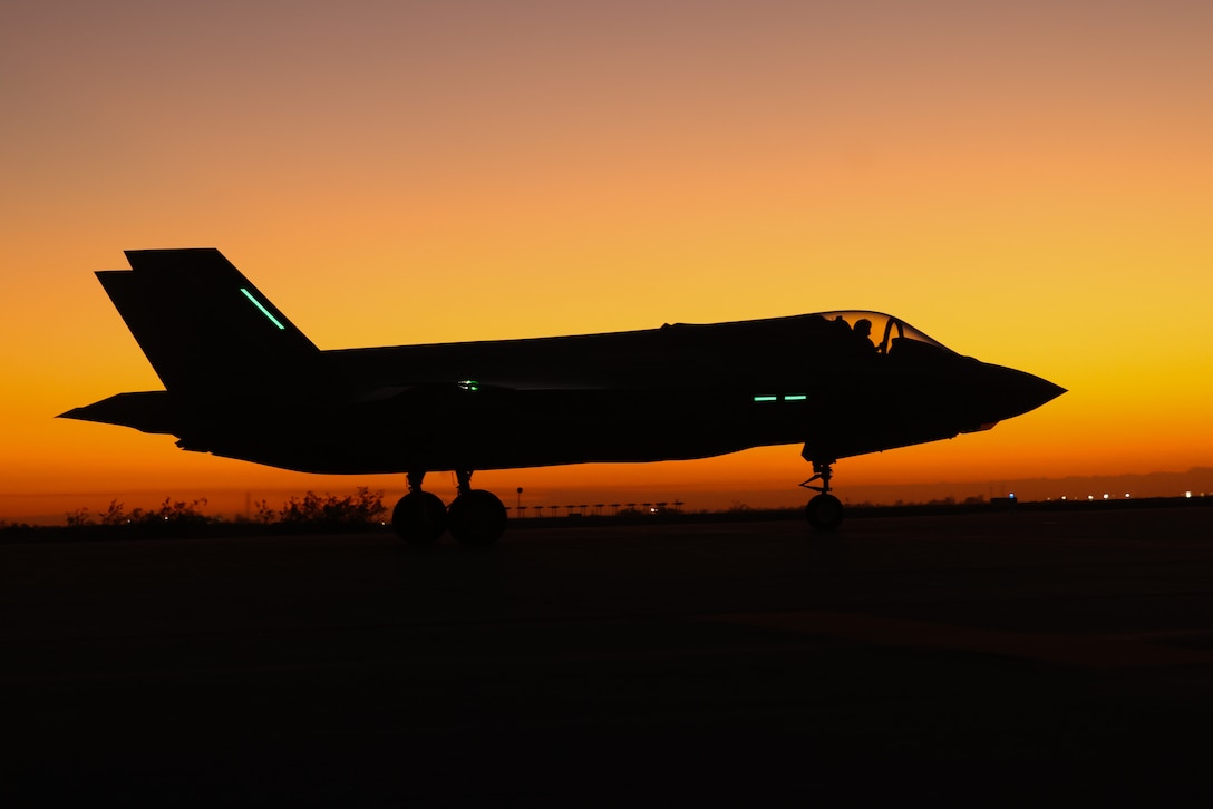 A U.S. Marine Corps F-35B Lightning II aircraft with Marine Fighter Attack Squadron (VMFA) 214, Marine Aircraft Group 13, 3rd Marine Aircraft Wing, taxis the runway during suppression of enemy air defense training in support of Exercise Steel Knight 23.2 at Marine Corps Air Station Yuma, Arizona, Dec. 7, 2023. SEAD training increases the ability of fifth-generation fighter pilots to enter the fight first, strike targets deep within an enemy air defense system, and enable follow on strikes by supporting weapons platforms. Steel Knight 23.2 is a three-phase exercise designed to train I Marine Expeditionary Force in the planning, deployment and command and control of a joint force against a peer or near-peer adversary combat force and enhance existing live-fire and maneuver capabilities of the Marine Air-Ground Task Force. (U.S. Marine Corps photo by Lance Cpl. Elizabeth Gallagher)