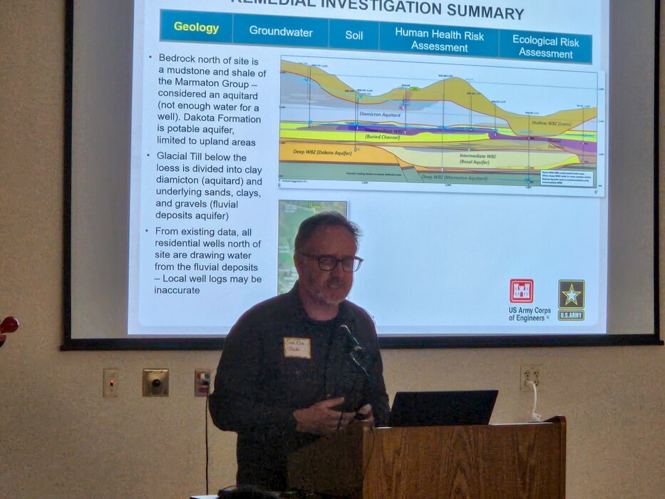 U. S. Army Corps of Engineers (USACE), Omaha District’s environmental remediation team answers questions at a public meeting at the Rand Community Center in Missouri Valley, Iowa, to provide updates on an environmental investigation project for the former Offutt Air Force Base Atlas “D” Missile Site 3, November 30, 2023.