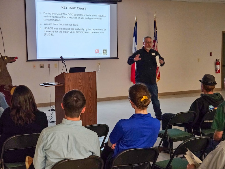 U. S. Army Corps of Engineers (USACE), Omaha District’s environmental remediation team answers questions at a public meeting at the Rand Community Center in Missouri Valley, Iowa, to provide updates on an environmental investigation project for the former Offutt Air Force Base Atlas “D” Missile Site 3, November 30, 2023.