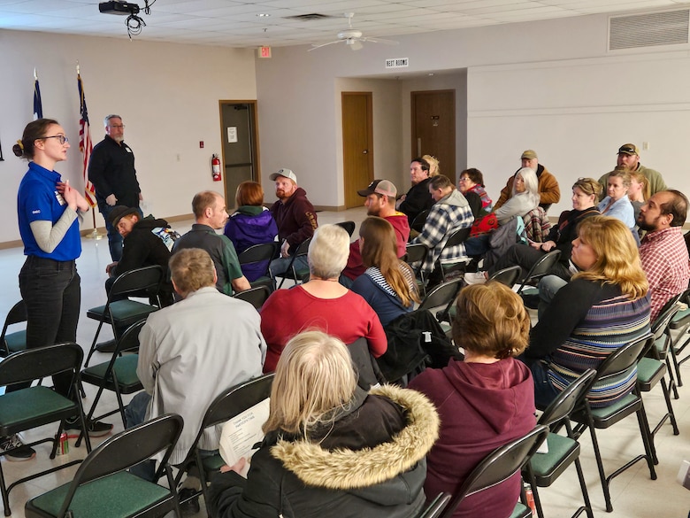 U. S. Army Corps of Engineers (USACE), Omaha District’s environmental remediation team answers questions at a public meeting at the Rand Community Center in Missouri Valley, Iowa, to provide updates on an environmental investigation project for the former Offutt Air Force Base Atlas “D” Missile Site 3, November 30, 2023.