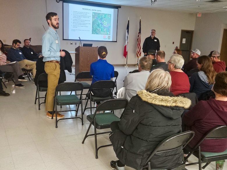 U. S. Army Corps of Engineers (USACE), Omaha District’s environmental remediation team answers questions at a public meeting at the Rand Community Center in Missouri Valley, Iowa, to provide updates on an environmental investigation project for the former Offutt Air Force Base Atlas “D” Missile Site 3, November 30, 2023.