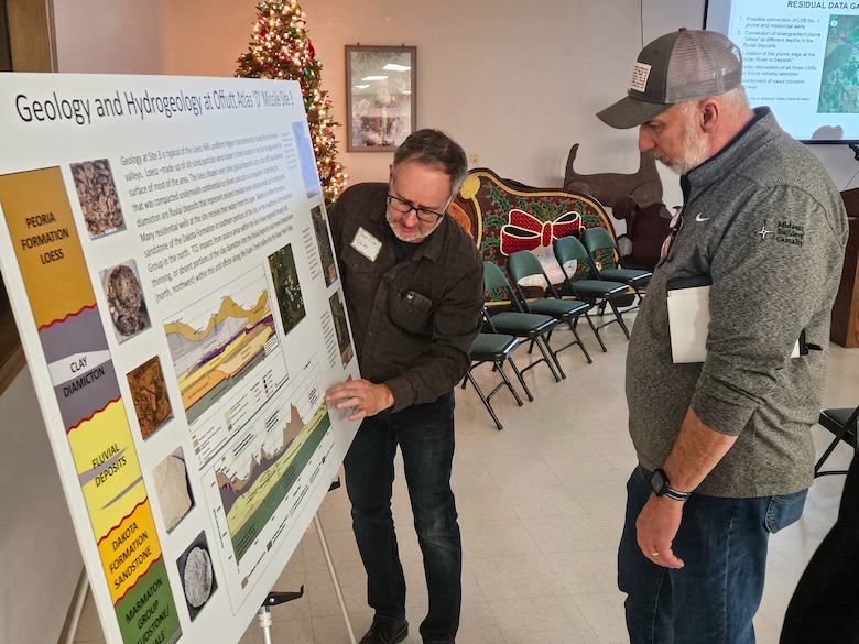 U. S. Army Corps of Engineers (USACE), Omaha District’s environmental remediation team answers questions at a public meeting at the Rand Community Center in Missouri Valley, Iowa, to provide updates on an environmental investigation project for the former Offutt Air Force Base Atlas “D” Missile Site 3, November 30, 2023.