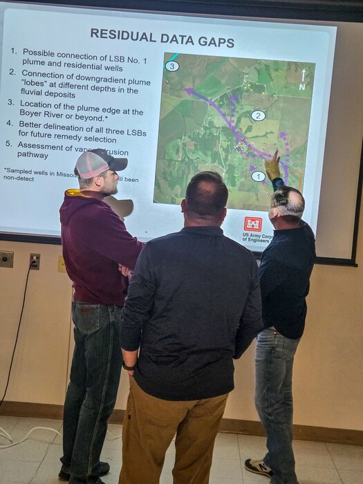 U. S. Army Corps of Engineers (USACE), Omaha District’s environmental remediation team answers questions at a public meeting at the Rand Community Center in Missouri Valley, Iowa, to provide updates on an environmental investigation project for the former Offutt Air Force Base Atlas “D” Missile Site 3, November 30, 2023.