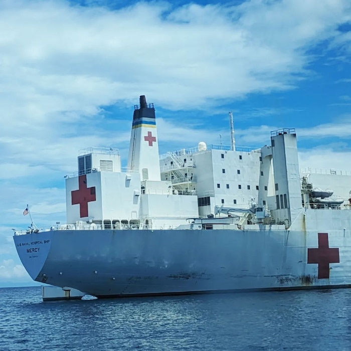 The United States Navy Ship Mercy sits off the coast of the Solomon Islands.