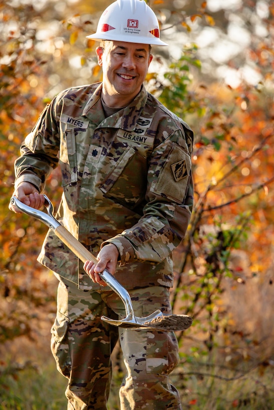 The USACE, Baltimore District Deputy Commander, Lt. Col. David Myers, participated in the groundbreaking ceremony of the Freedom Center IV Enlisted Personnel Housing Barracks, at Fort George G. Meade