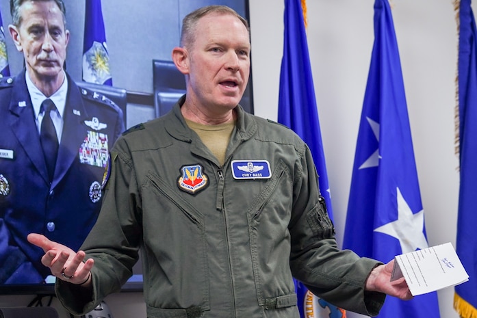 U.S. Air Force Maj. Gen. Curtis Bass, deputy commander, U.S. Air Force Warfare Center, delivers closing remarks at Nellis Air Force Base, Nevada, Dec. 9, 2023.