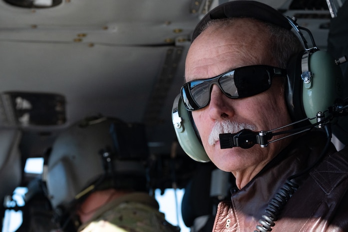 Thomas McGrath, vice president of the Air Force Association Thunderbird Chapter and president of the National Marine Corps Business Network, prepares for a civic leader flight at Nellis Air Force Base, Nevada, Dec. 12, 2023.