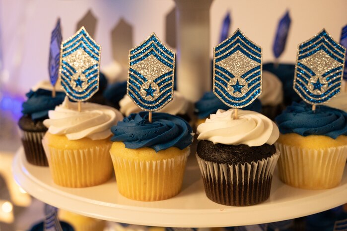 U.S. Air Force cupcakes sit on display for a Chief Master Sgt. select party in the Nellis Club at Nellis Air Force Base, Nevada, Dec. 7, 2023.