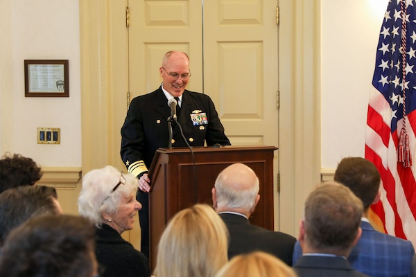 Vice Adm. Robert Gaucher provides remarks during the Commander, Submarine Forces change of command ceremony onboard Naval Station Norfolk, Dec. 28.