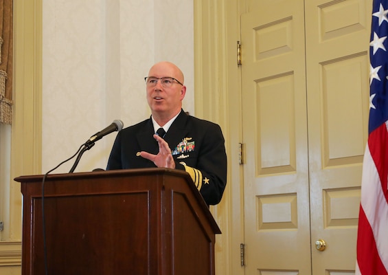 Vice Adm. William Houston delivers a speech during the Commander, Submarine Forces change of command ceremony onboard Naval Station Norfolk, Dec. 28.