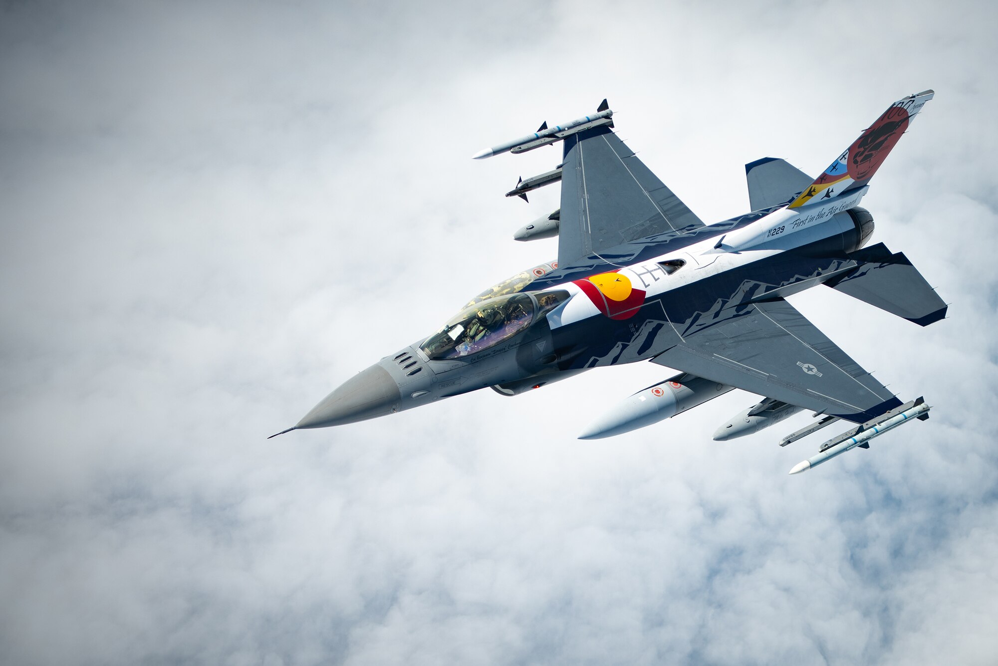 A U.S. Air Force F-16 Fighting Falcon, with the Colorado Air National Guard’s 140th Wing, flies away after receiving fuel from a KC-135 Stratotanker, with the Wisconsin Air National Guard’s 128th Air Refueling Wing, during exercise Air Defender 2023.