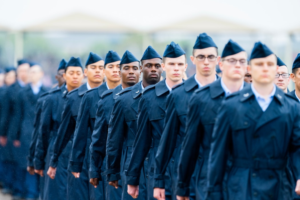 U.S. Air Force Basic Military Training graduates participate in their graduation ceremony at Joint Base San Antonio-Lackland, Texas, March 16, 2023.  More than 500 Airmen assigned to the 324th Training Squadron graduated from BMTS, March 15-16 2023. Brig. Gen. Terrence Adams, Director, Cyberspace Operations and Warfighter Communications, Office of the Deputy Chief of Staff for Intelligence, Surveillance, Reconnaissance, and Cyber Effects Operations, Headquarters U.S. Air Force, the Pentagon, Arlington, Va., reviewed the ceremony. (U.S. Air Force photo by Brian Boisvert)