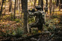 U.S. Soldiers with Bravo Company, 1st Battalion, 112th Infantry Regiment, 56th Stryker Brigade Combat Team perform a situational training exercise at Fort Barfoot, Virginia, Oct. 22, 2023. During this exercise, Soldiers practiced react-to-contact drills, movement techniques, and setting into and exiting an objective rally point. (U.S. Army National Guard photo by Staff Sgt. Jonathan Campbell)