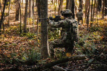 U.S. Soldiers with Bravo Company, 1st Battalion, 112th Infantry Regiment, 56th Stryker Brigade Combat Team perform a situational training exercise at Fort Barfoot, Virginia, Oct. 22, 2023. During this exercise, Soldiers practiced react-to-contact drills, movement techniques, and setting into and exiting an objective rally point. (U.S. Army National Guard photo by Staff Sgt. Jonathan Campbell)