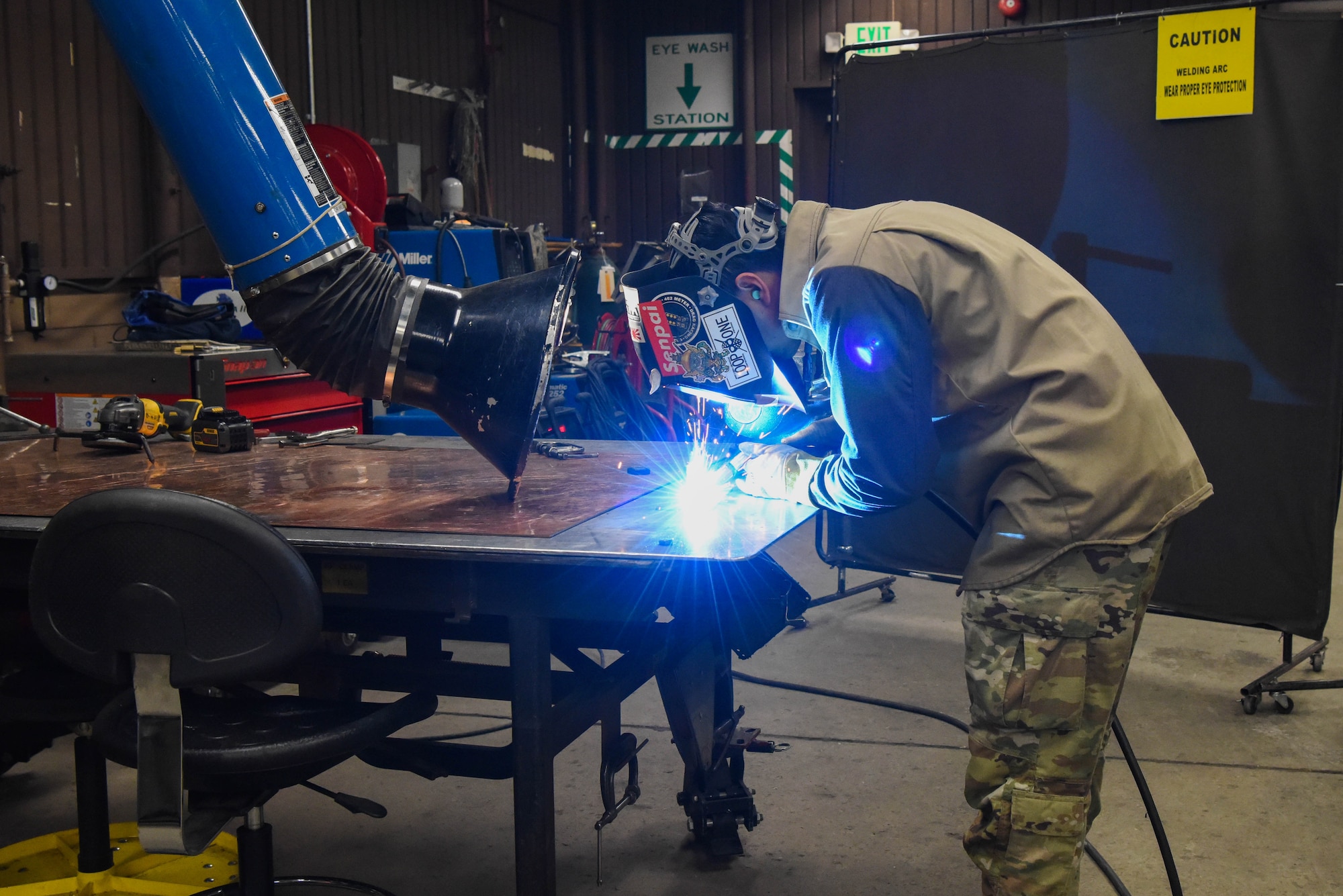 U.S. Air Force Staff Sgt. Clement Chhay, 51st Maintenance Squadron metals technology craftsman, trains on welding techniques at Osan Air Base, Republic of Korea, Dec. 22, 2023. Consistent training cultivates a proficiency level that enables metals technicians from the 51st MXS to swiftly maintain critical aircraft structures when called upon. (U.S. Air Force photo by Senior Airman Brittany Russell)