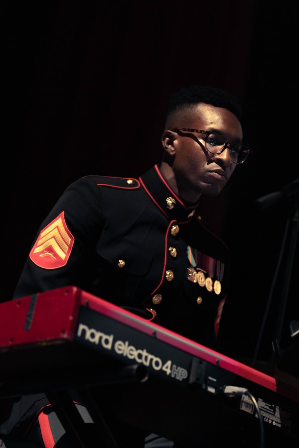 U.S. Marine Corps Sgt. Ronald Joseph, a musician with the 3rd Marine Aircraft Wing (MAW) Band, performs during a Christmas concert at Bob Hope Theater on Marine Corps Air Station Miramar, California, Dec. 14, 2022. The 3rd MAW Band held their annual Christmas concert to celebrate the holiday season with service members and the community. Joseph is a St. Rose, Louisiana, native. (U.S. Marine Corps photo by Cpl. Joshua Brittenham)