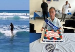 Two photos, one is a silhouette of a man on a surfboard, the other is the same man sitting at a table posing with a retirement cake.