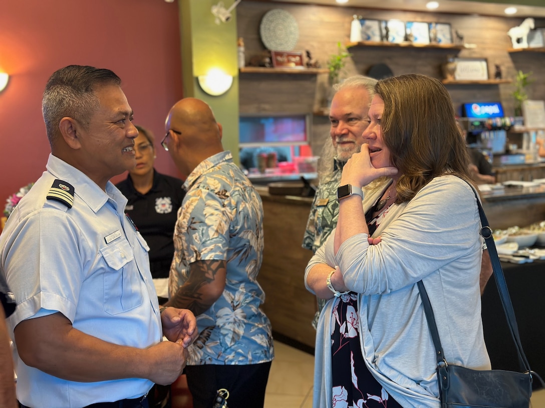 Rear Adm. Cari Thomas (retired), chief executive officer of Coast Guard Mutual Assistance (CGMA), visits the U.S. Coast Guard Forces Micronesia/Sector Guam and Base Guam from Dec. 5 - 7, 2023, in Santa Rita, Guam. This visit underscores the commitment of CGMA to support its members and their families, especially those stationed in remote locations like Guam. (U.S. Coast Guard photo by Lt. j.g. Melissa Reilly)