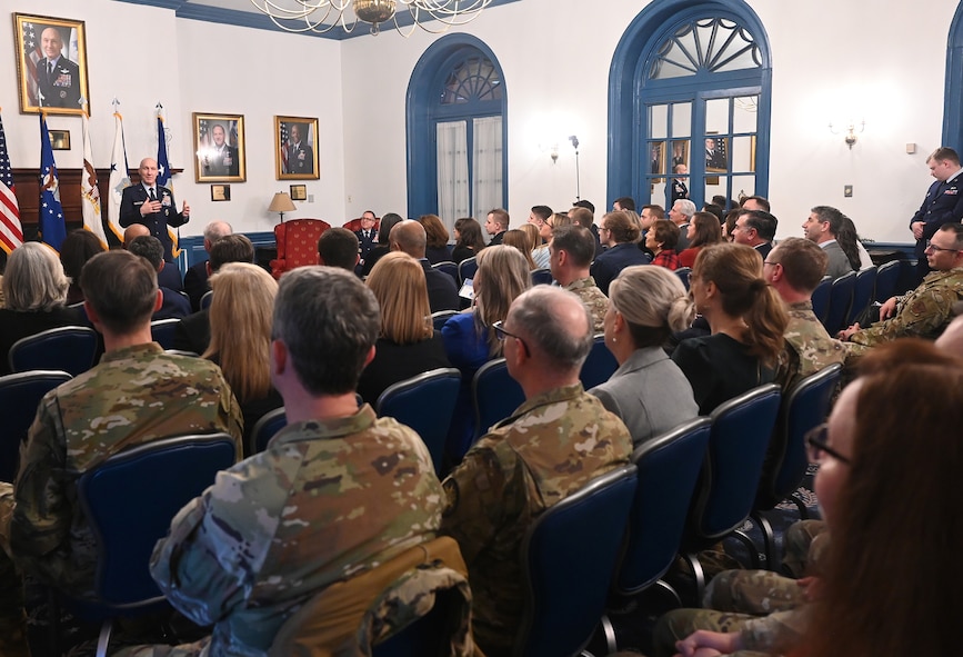 Chief of Staff of the Air Force Gen. David W. Allvin addresses the audience during a ceremony at Joint Base Anacostia-Bolling, Washington, D.C., Dec 29, 2023.