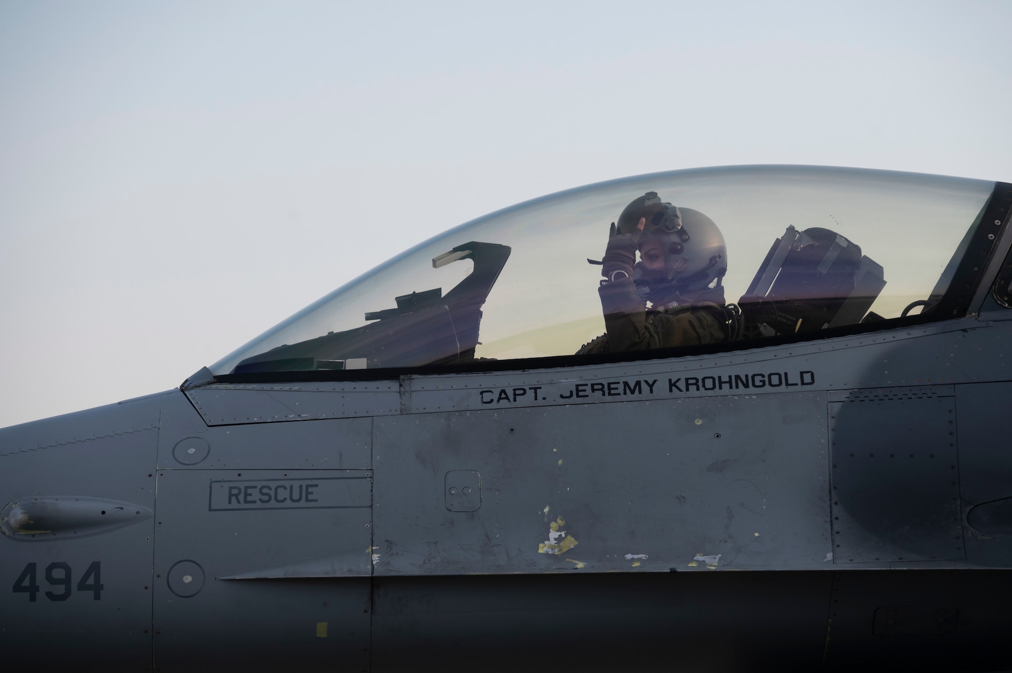 A U.S. Air Force pilot assigned to the 36th Fighter Squadron signals to Air Traffic Control they’re ready to launch at Osan Air Base, Republic of Korea, Jan. 31, 2023.