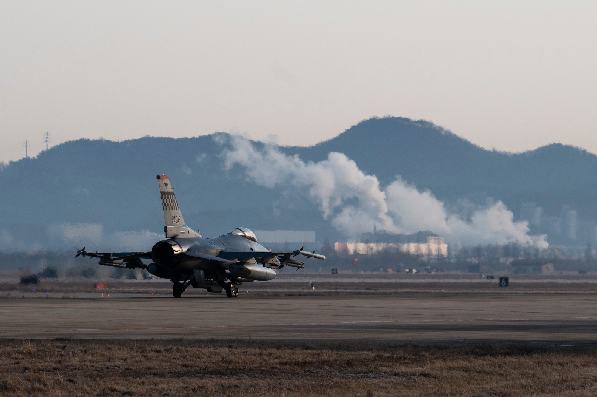 A U.S. Air Force F-16 Fighting Falcon assigned to the 36th Fighter Squadron prepares to launch off the flightline as part of a training event at Osan Air Base, Republic of Korea, Jan. 31, 2023.