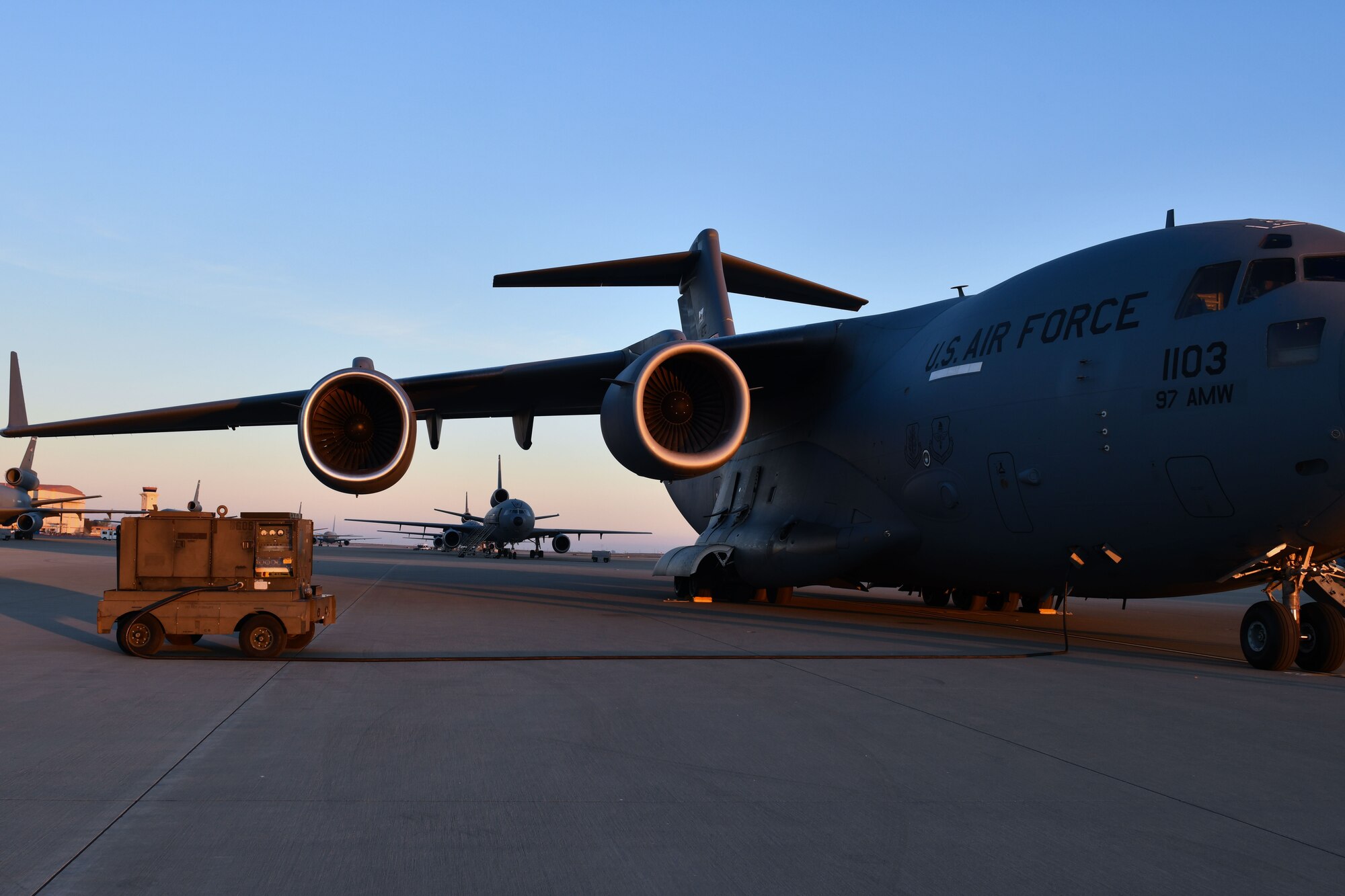 A C-17 Globemaster III from Altus Air Force Base (AFB) is shown at Travis AFB, California, Jan. 24, 2023. Travis AFB is home to a fleet of C-5 Galaxies, KC-10 Extenders and  C-17s. (U.S. Air Force photo by Airman 1st Class Miyah Gray)
