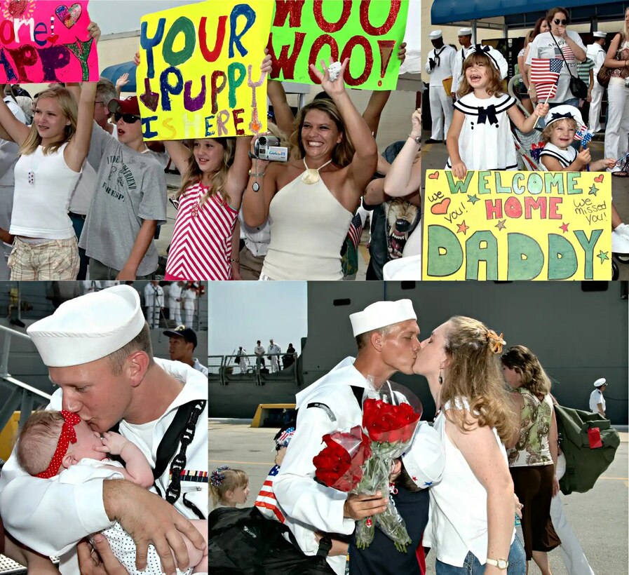 A collection of four photos all showing people holding signs welcoming people home or kissing their sailor home from the deployment,