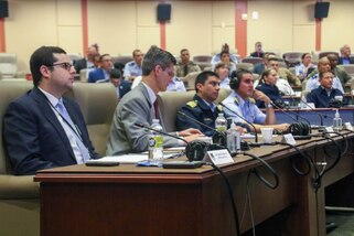 Attendees listen to opening remarks during the Space Conference of the Americas hosted at U.S. Southern Command.