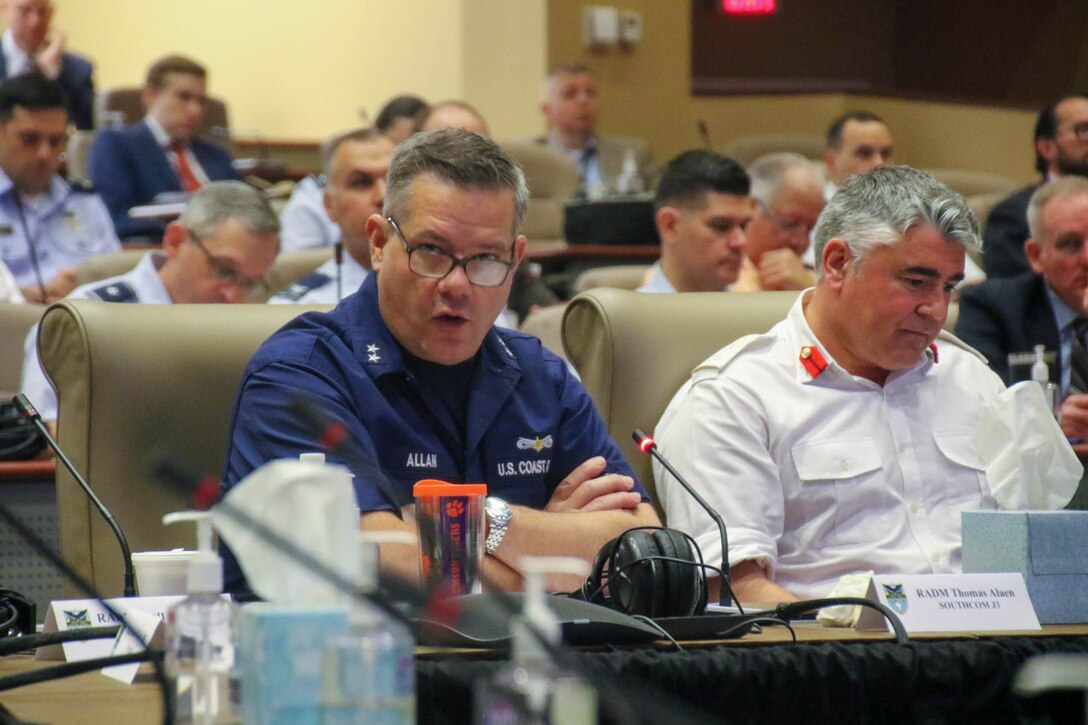 U.S. Coast Guard Rear Adm. Adm. Thomas Allan, the Director of Operations, U.S. Southern Command, gives opening remarks during the Space Conference of the Americas.