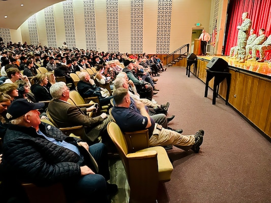 Master Chief Travis Skipper, chief of the boat of the future USS Idaho (SSN 799), speaks with students at Weiser High School in Weiser, Idaho, Jan. 26.