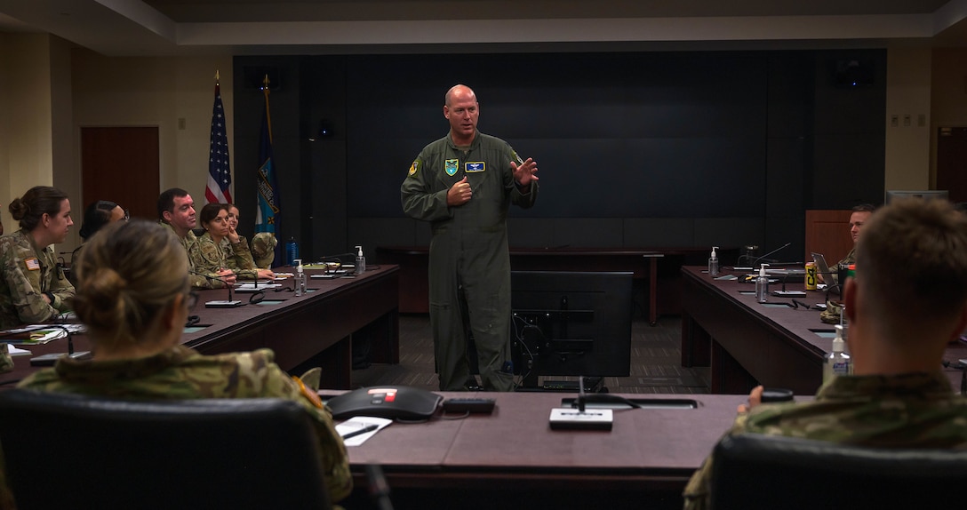 Lt. Col. Gentry Mobley, Lesser Antilles Medical Assistance Team Mission Commander, provides a briefing at U.S. Southern Command headquarters in Miami on Jan. 26, 2023.