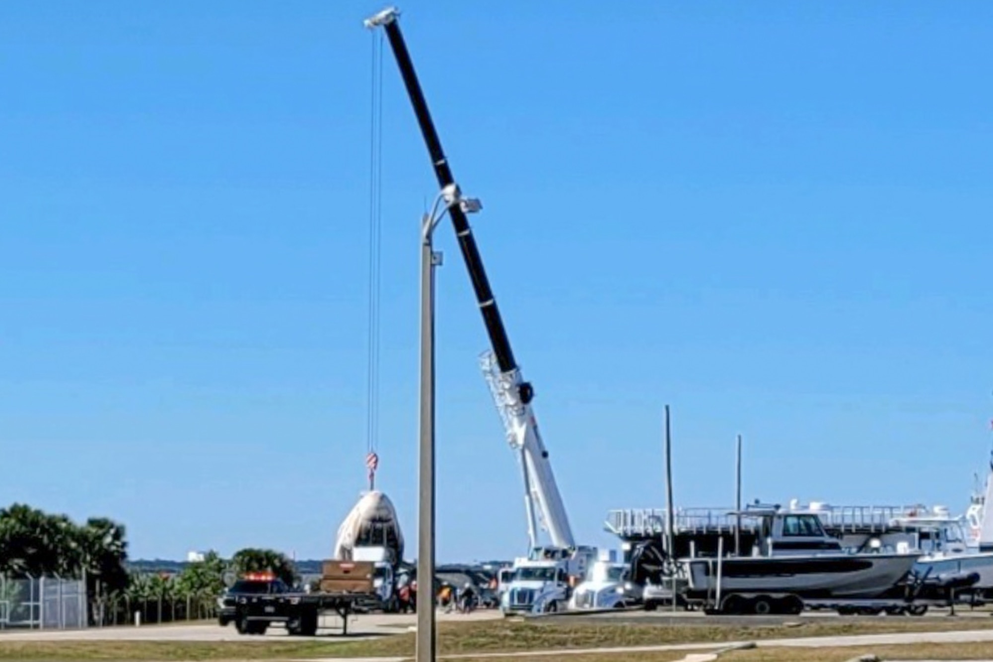 The Hangar AF Wharf at Cape Canaveral Space Force Station, Fla., retrieves the Commercial Resupply Capsule (CRS) from the International Space Station, on Jan. 14, 2023. The wharf dates back to the National Aeronautics and Space Administration (NASA) Shuttle Program and was used as a government resource to recover and repurpose exhausted rocket boosters. (Courtesy photo)