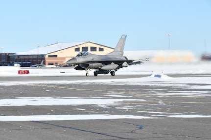 An F-16CM Fighting Falcon assigned to the 148th Fighter Wing, Minnesota Air National Guard, prepares to take off Jan. 26, 2023. This was the first flight for any Post-Block F-16 carrying the AN/ASQ-236 radar pod.