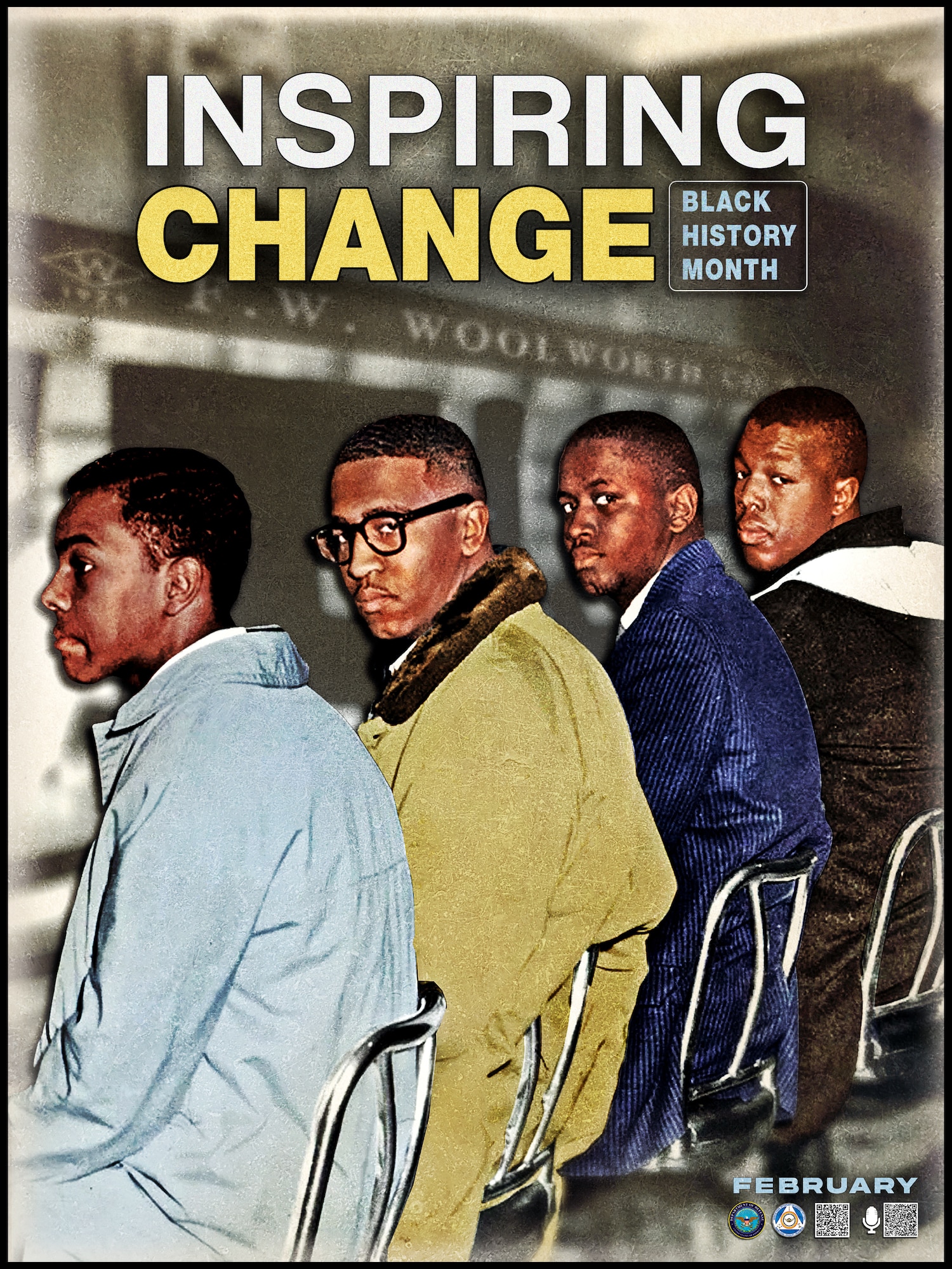 2023 Black History Month poster. The 2023 Department of Defense Black History Month poster depicts from left, Joseph McNeil, Franklin McCain, Billy Smith and Clarence Henderson, on the second day of a peaceful sit-down protest they organized at a Woolworth in Greensboro, North Carolina, Feb. 2, 1960. The Greensboro sit-ins were the first prominent non-violent sit-in protests of the civil rights movement and lasted from Feb. 1 to July 25, 1960. The protests led to the Woolworth Department Store chain ending its policy of racial segregation in its stores. (Graphic by the Defense Equal Opportunity Management Institute)