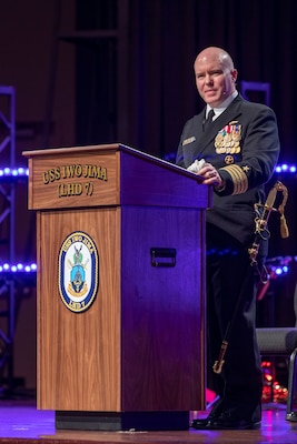 Capt. Stephen Froehlich, Commanding Officer of the Wasp-class amphibious assault ship USS Iwo Jima (LHD 7),  speaks during the change-of-command ceremony for the ship,  Jan. 20, 2023.