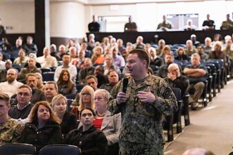 Chief of Naval Personnel Vice Adm. Rick Cheeseman, speaks at an all hands call in Naval Aviation Schools Command’s (NASC) auditorium as part of a visit to Pensacola area Naval Education and Training Commands (NETC), Jan. 26, 2023. NETC's mission is to recruit, train and deliver those who serve our nation, taking them from street-to-fleet by transforming civilians into highly skilled, operational and combat ready warfighters. (United States Navy photo by Mass Communication Specialist 2nd Class Zachary Melvin)