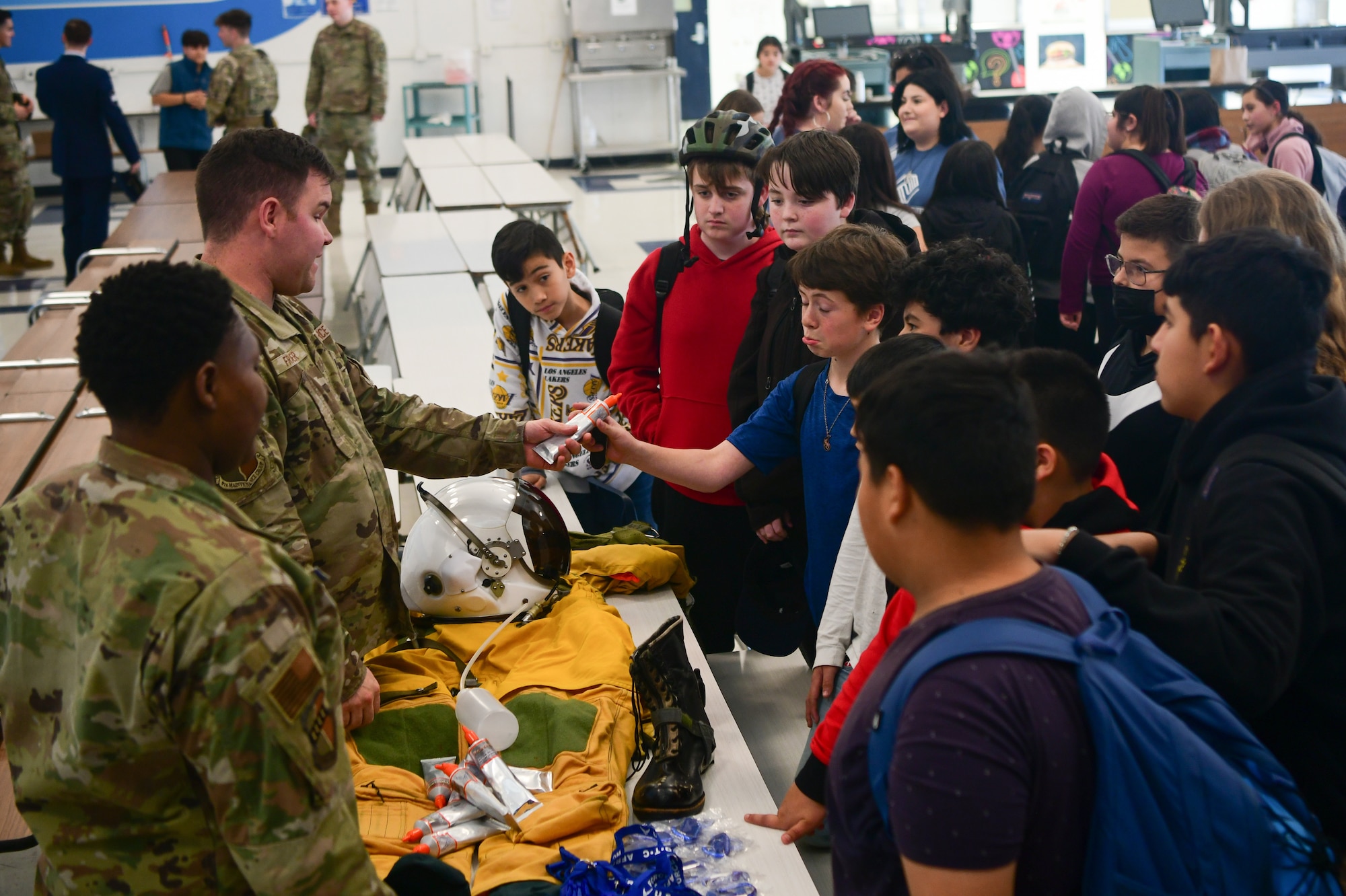 Members from Beale Air Force Base display a U-2 Dragon Lady full pressure suit at Redwood Middle School in Napa, Calif., on Jan. 25, 2023