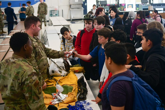 Members from Beale Air Force Base display a U-2 Dragon Lady full pressure suit at Redwood Middle School in Napa, Calif., on Jan. 25, 2023